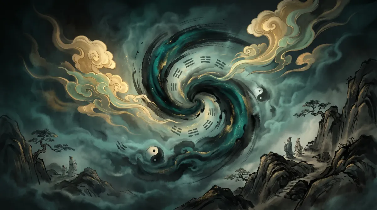 道可道——陰陽漩渦與八卦宇宙，道家水墨意境